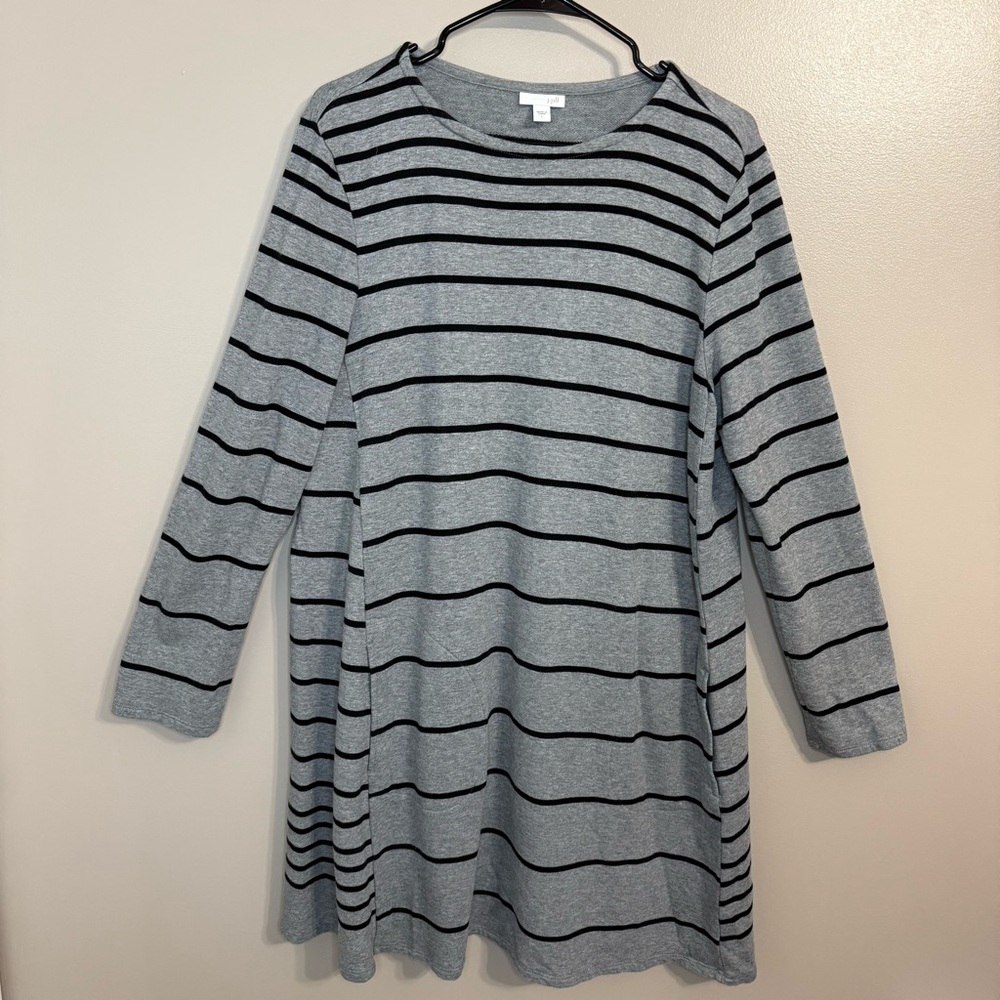 J. Jill Grey Black Striped A-Line Dress Pockets‎ Stretch Sweatshirt Women’s L